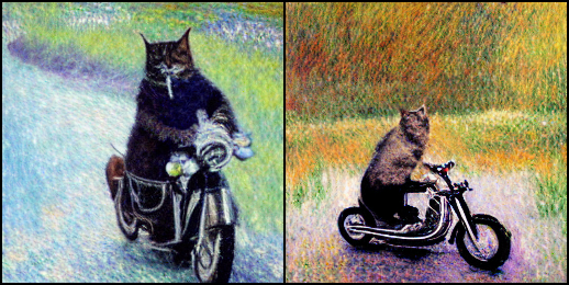 a photo of a cat riding a motorcycle in Monet style